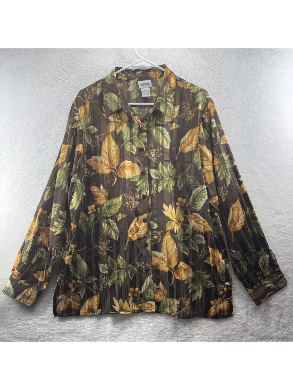Vintage Bonworth Sheer Button Up Shirt Blouse Leaves Brown Womens Large Indie